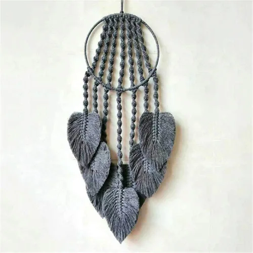 Vista 6 de Tapiz de macramé tejido de algodón, atrapasueños, tejido a mano con borlas de plumas, adorno para manualidades, dormitorio, sala de estar, Beige
