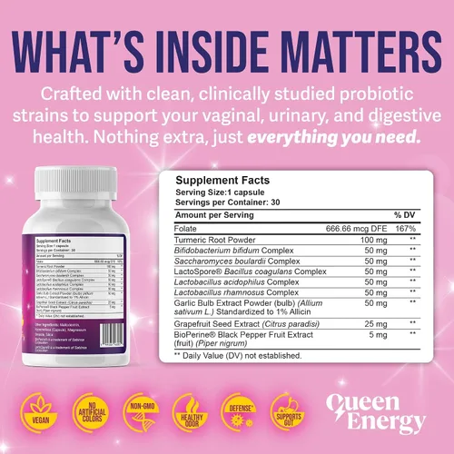 Vista 4 de Queen Energy Probiótico vaginal - Apoya el equilibrio del pH, el control de olores y la salud digestiva - 30 cápsulas