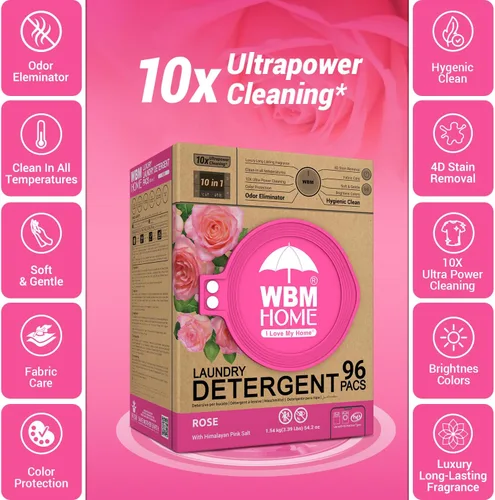 Vista 3 de WBM Home Cápsulas de lavandería 5 en 1, total de 96 unidades, ultra concentrado con potente tecnología de levantador de manchas, suavizante de tela