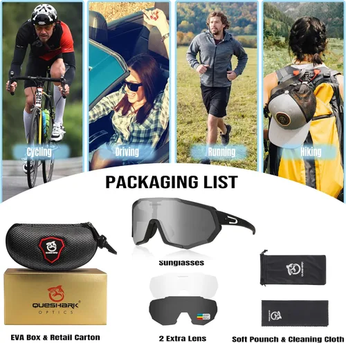 Vista 5 de Queshark - Gafas de ciclismo, lentes de sol deportivos para hombres y mujeres, 1 lente polarizada 2 HD, lentes de sol polarizados para ciclismo