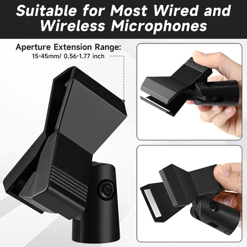 Vista 5 de Juego de clips de micrófono para soportes, 4 soportes ajustables para micrófono con adaptadores Wireless Mic & Clamp for Mic Stands, 5/8 Inch Male