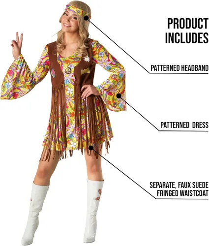 Vista 2 de Morph - Disfraz hippie para mujer - Vestido hippie - Trajes de los años 70 - Disfraz de los años 70 para mujer - Disfraz hippie para mujer