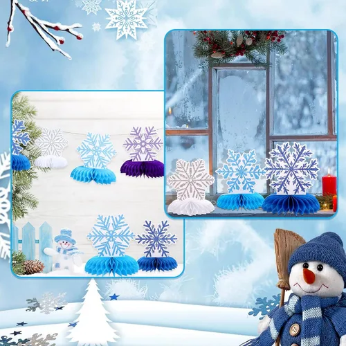 Vista 6 de 12 PIEZAS Centros de Mesa de Panal en Forma de Copo de Nieve para Mesas, Decoraciones de Fiesta de Cumpleaños de Frozen, Centros de Mesa de Copo