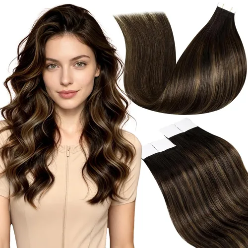 Vista 11 de LaaVoo Extensiones adhesivas de cabello humano real, color negro azabache, extensiones de cabello humano liso y sedoso, 10 pulgadas, 20