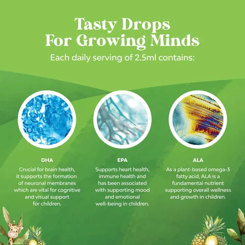 Vista 6 de Gotas de DHA Omega 3 para niños - Ácidos grasos Omega 3 6 9 para cerebro, sistema inmunológico y visión - DHA nutricional para niños para un sistema