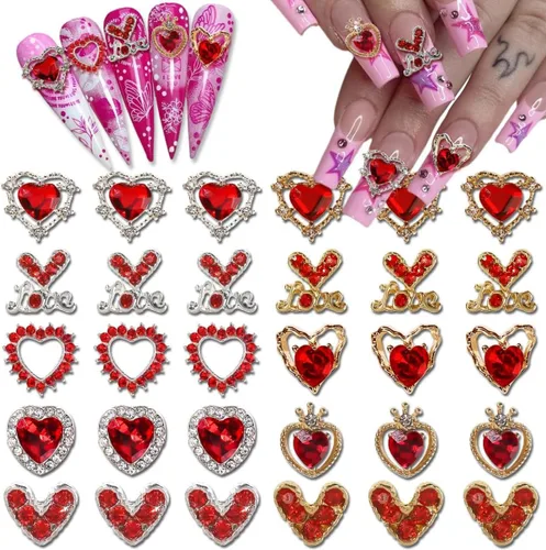 Vista 9 de Dijes de araña 3D para uñas de araña, dijes de araña plateada para uñas, incrustaciones de gemas rojas y rosas, punk, retro, diamantes de imitación