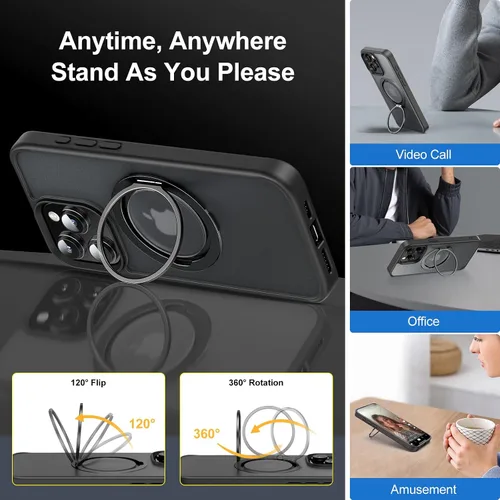 Vista 2 de Facbiny Funda diseñada para iPhone 15 Pro Max con soporte invisible [protección militar contra caídas], anillo giratorio de 360°, funda translúcida