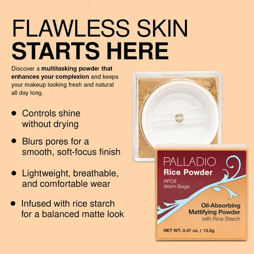Vista 8 de Palladio, Polvo de arroz suelto que absorbe las hojas de aceite, aspecto y sensación suave, ayuda al maquillaje a durar más tiempo para un aspecto
