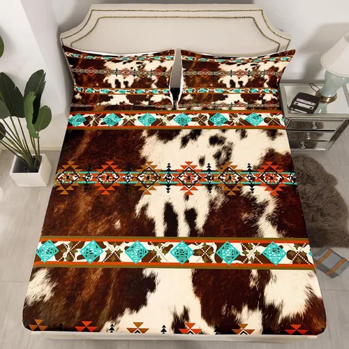 Vista 55 de Juego de ropa de cama de estilo bohemio occidental, tamaño individual, diseño de vaca atrapasueños, sábana bajera ajustable del suroeste, tribu
