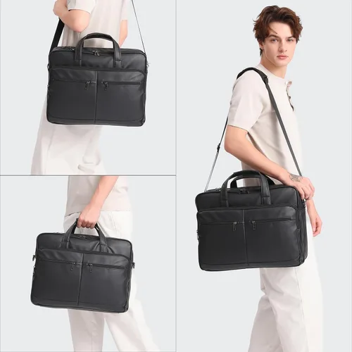 Vista 2 de seyfocnia Bolsa de mensajero de cuero para hombre, 15.6 pulgadas 17.3 pulgadas maletín para computadora portátil, bolso de hombro para computadora