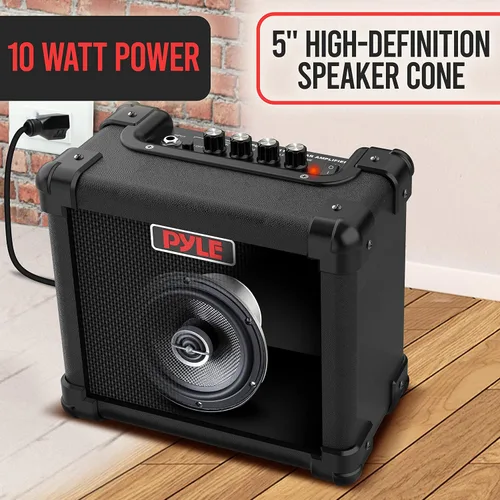 Vista 6 de Pyle Amplificador portátil de guitarra eléctrica, batería o pared, 10 vatios, mini amplificador de instrumento con altavoz de alta definición de 5