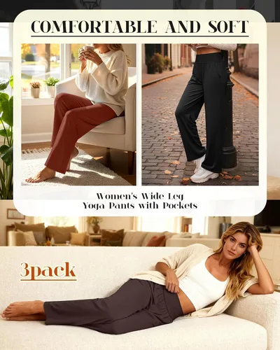 Vista 138 de Neer - Conjunto de 3 pantalones de yoga de pierna ancha para mujer - Pantalones deportivos cómodos, holgados, de cintura alta y casuales