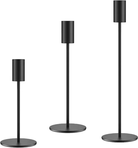 Vista 10 de Juego de 3 Portavelas Negros, Portavelas de Metal para Velas Cónicas, Candelabro Decorativo Clásico para Navidad, Bodas, Fiestas, Mesas de Cena