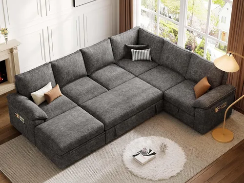 Vista 9 de Sofá modular modular de 106 pulgadas con cama extraíble, sofá cama, gris oscuro