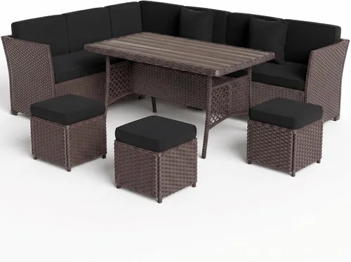 Vista 7 de Juego de muebles de patio, 7 piezas, juego de comedor al aire libre, juego de conversación de ratán para todo tipo de clima, sofá modular de comedor