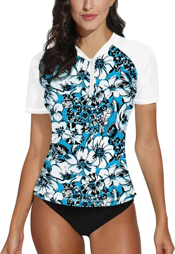 Vista 14 de BesserBay Camiseta de natación de manga corta con cremallera UPF 50+ para mujer, de secado rápido