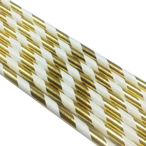 Vista 2 de Pajitas de papel a rayas doradas brillantes, 100 % biodegradables para decorar, popotes de cóctel prémium para beber, jugo, batido empacado 100