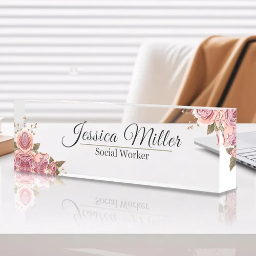 Vista 26 de Placa de identificación personalizada para escritorio, decoración de oficina de acrílico transparente con diseño de flores, decoraciones