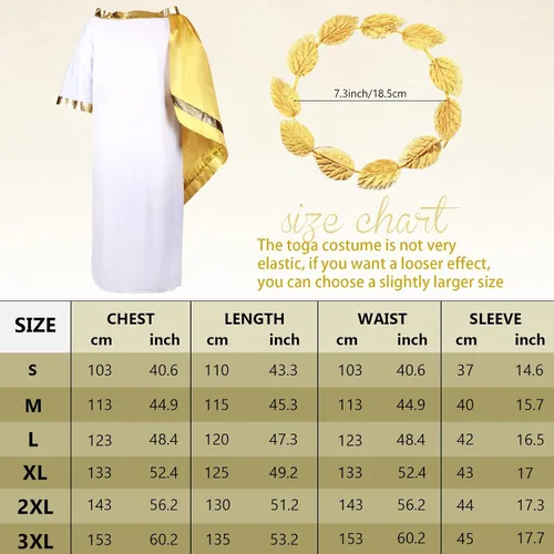 Vista 2 de SATINIOR Disfraz de Dios griego Toga romano blanco disfraz de Toga para adultos túnica con corona de hojas tocado de corona de laurel dorado