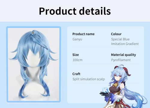Vista 4 de Ganyu Azul Peluca Cosplay Ganyu ropa Peluca Anime sintético con gorra de peluca (Ganyu)