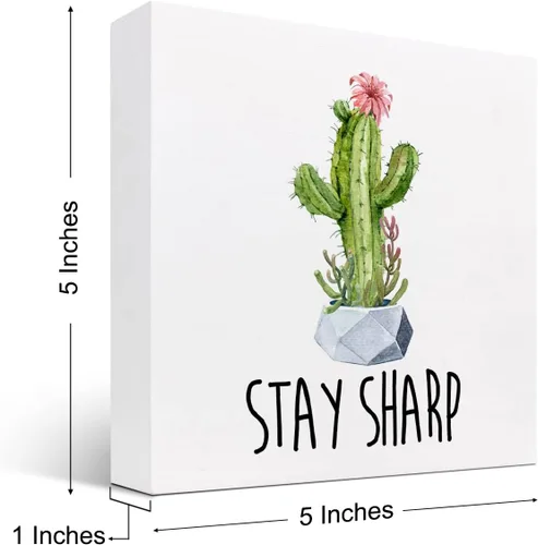 Vista 2 de z-crange Letrero inspirador de madera con texto en inglés "Stay Sharp", caja de madera motivacional para el hogar, granja, oficina, dormitorio