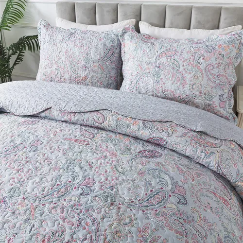 Vista 51 de Juego de cama de dos piezas, tamaño individual, de microfibra, reversible, de retazos, estilo floral, todas las estaciones, patrón de porcelana azul