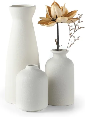 Vista 16 de CEMABT Juego de 3 jarrones de cerámica beige pequeños para decoración, decoración moderna boho de granja para el hogar, jarrón decorativo