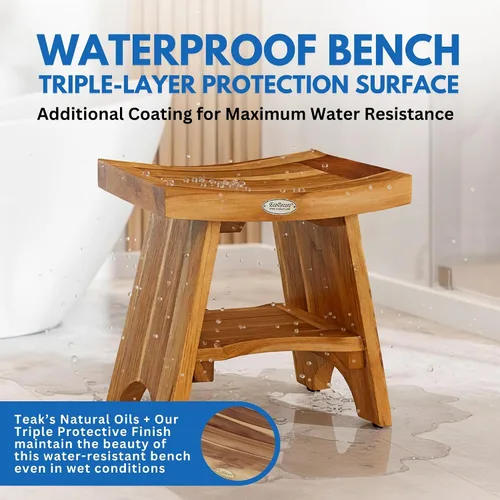 Vista 6 de EcoDecors Banco de ducha de teca con estante de 18", capacidad de 300 lb – Asiento de spa de madera impermeable completamente ensamblado