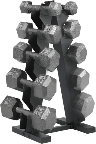 Vista 11 de HolaHatha Hexagonal Dumbbell Free Hand Weight Set w/Rack Negro