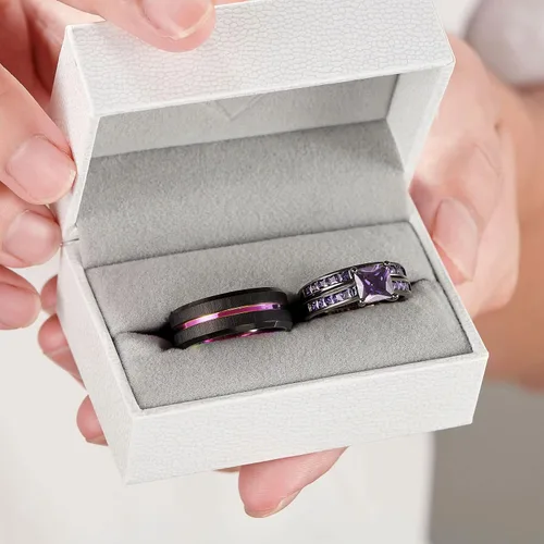 Vista 2 de Sheloves - Anillos de boda chapados en negro para parejas y mujeres, juego de anillos de boda de tungsteno para hombre y mujer