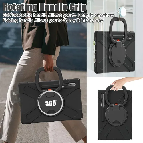Vista 6 de Funda de rotación 360 para Galaxy S8 Ultra de 14.6 pulgadas, funda resistente con anillo giratorio, correa de transporte para hombro, correa de Negro