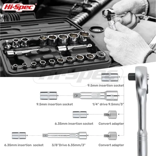 Vista 6 de Hi-Spec Juego de 22 llaves métricas de 1/4" y 3/8" con llave de trinquete, barras de extensión en estuche de herramientas compacto.