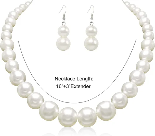 Vista 6 de Cryshimmer Gargantilla de perlas para mujer cuentas de perlas sintéticas collar de hebra aretes conjunto de joyas de disfraces