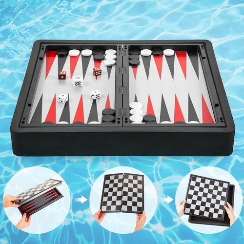 Vista 4 de Liliful Tablero flotante de múltiples juegos, reversible, plegable, tablero de ajedrez Tic Tac Toe portátil, juego de ajedrez y damas de backgammon
