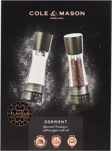 Vista 4 de Cole & Mason H332293 Derwent Black Wood Salt and Pepper Mills, Gourmet Precision+, Ajuste de Molienda, Haya Teñida/Acrílico, 190 mm, Juego