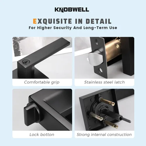 Vista 7 de KNOBWELL - Paquete de 1 manija para puerta delantera con llave y cerradura, manijas de palanca negras para puerta exterior, juego de cerradura