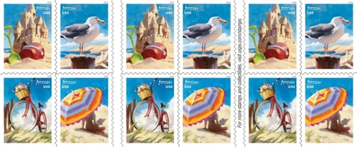 Vista 4 de Un día en la playa 2026 (Libro de 20) Cuatro escenas de encanto junto al mar Sellos postales de primera clase Mail Forever