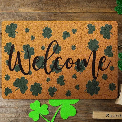 Vista 2 de Tinideya Tapete de bienvenida del día de San Patricio, tapete de fibra de coco con trébol irlandés, decorativo, lavable, antideslizante