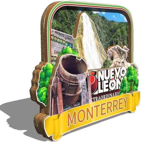 Vista 2 de Monterrey México imán de nevera de madera 3D monumentos de viaje coleccionables, recuerdos, decoración hecha a mano