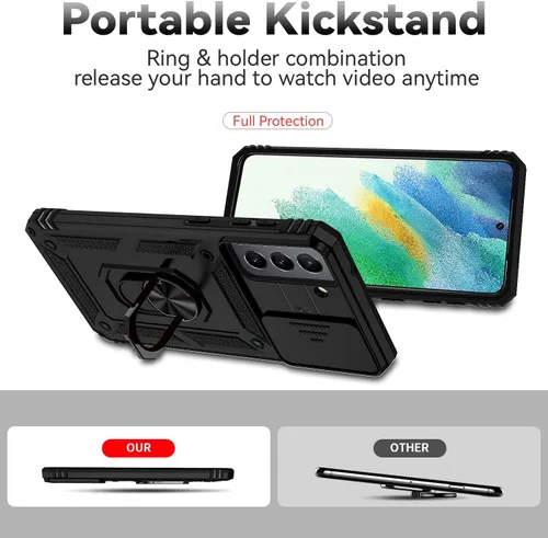Vista 3 de Asuwish Funda de teléfono para Samsung Galaxy S21 FE 5G con protector de pantalla de vidrio templado y soporte delgado, funda protectora híbrida