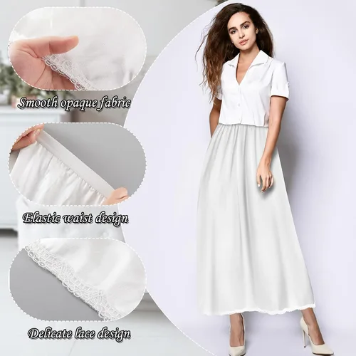 Vista 3 de Falda larga de satén para mujer, con encaje y media pierna, para vestidos, lencería, falda larga, Blanco