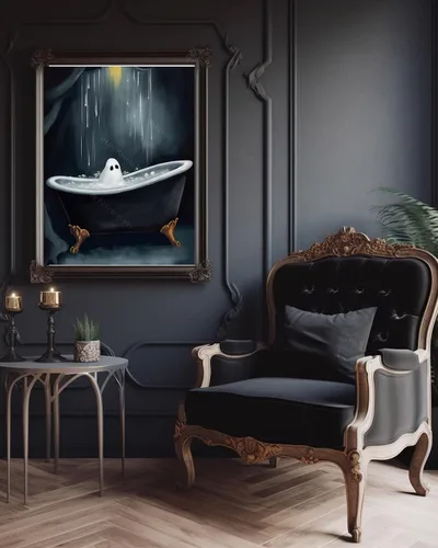 Vista 3 de Arte de pared gótico, decoraciones espeluznantes de Halloween, fantasma en la bañera, regalo para amantes de Halloween, decoración gótica del hogar