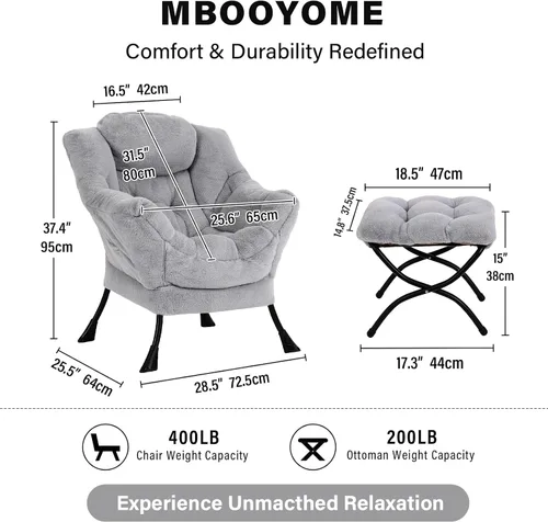 Vista 3 de Silla perezosa moderna con otomana, cómoda silla de lectura para sala de estar