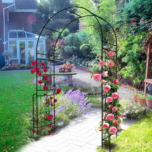 Vista 2 de Arco de jardín de metal, 55 pulgadas de ancho x 94.5 pulgadas de alto, enrejado para plantas trepadoras, soporte para arco de rosas, arco al aire