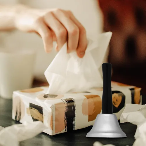 Vista 4 de Campana de mano de acero plateado para decoraciones de bodas, eventos, líneas de alimentos, alarma, sonajas, sonidos