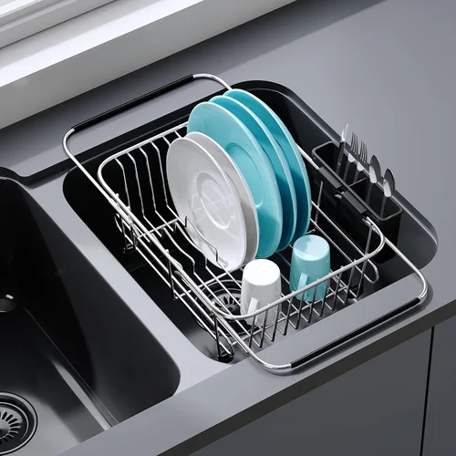 Vista 27 de Apartment RV Small Dish Drainer Drying Rack Over The Sink In Stainless Steel for Narrow Kitchen, Counter Space Saving Compact Expandable Metal Plate