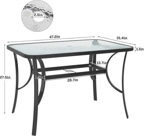 Vista 3 de soges Mesa de café bistró de 47 pulgadas para patio al aire libre, mesa de comedor rectangular con marco de acero templado con agujero