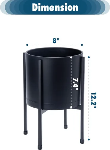 Vista 3 de D'vine Dev Maceta negra de 8 pulgadas con soporte, moderna maceta cilíndrica de plástico con soporte de metal resistente para plantas