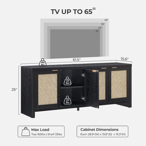 Vista 3 de SICOTAS Soporte de TV para sala de estar, centro de entretenimiento boho para dormitorio con 4 gabinetes de ratán, soporte de televisión de granja