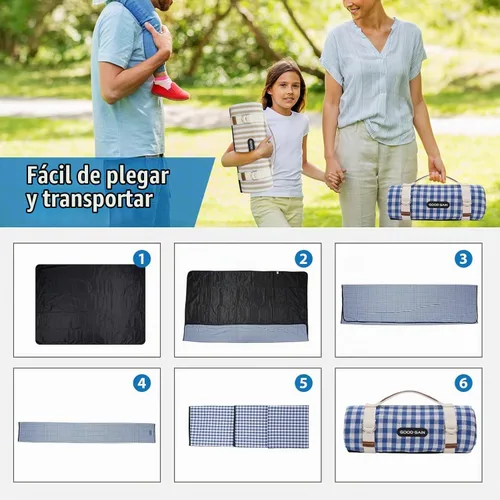 Vista 5 de Mantas de pícnic impermeables grandes y portátiles – Manta de playa plegable con correa de transporte Manta de parque para césped, senderismo Azul
